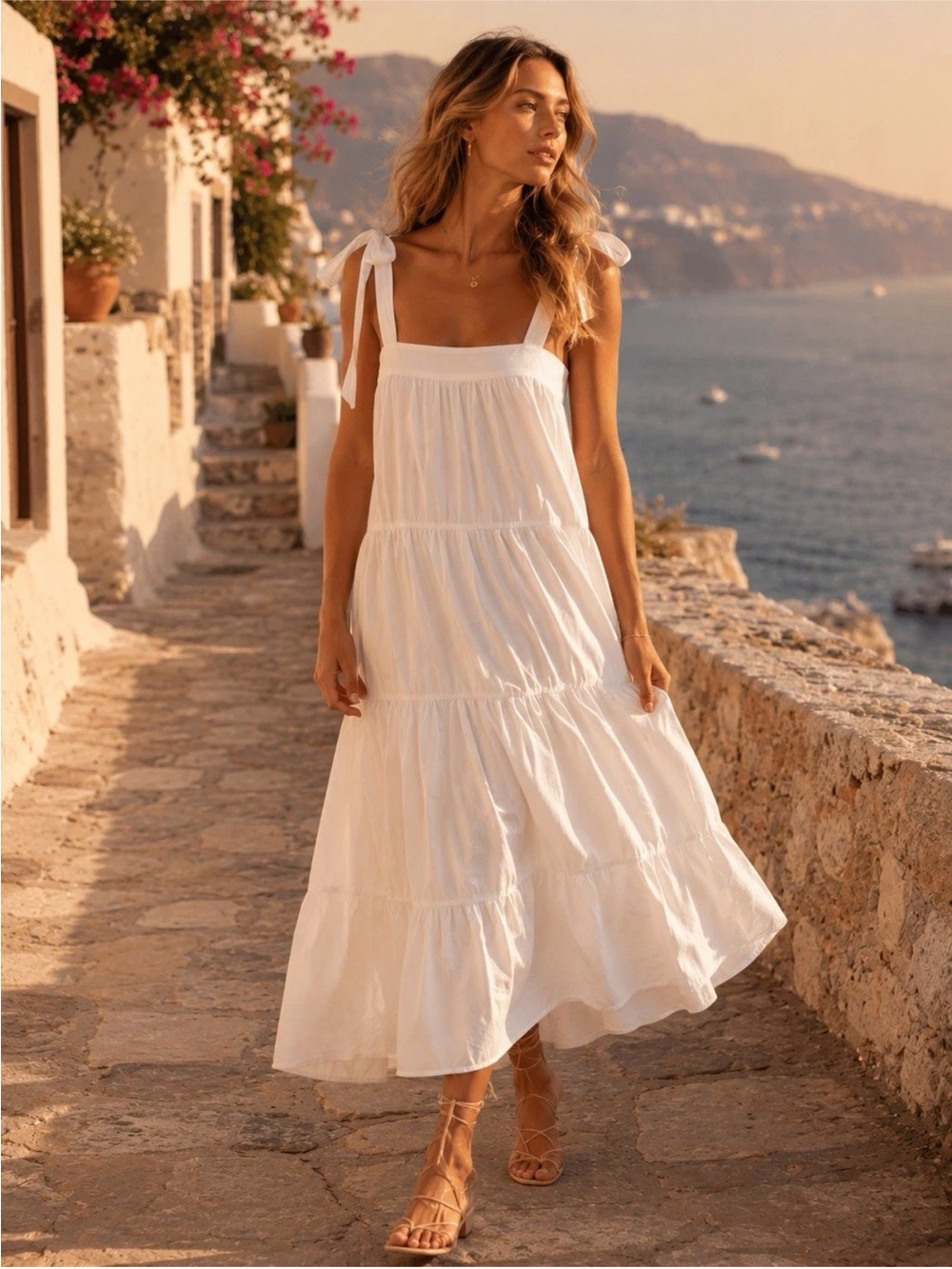 Nation LTD White Tie-Shoulder Tiered Midi/Maxi Dress